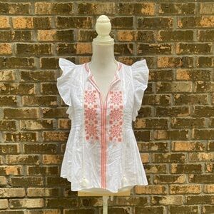 Kate Spade New York Mosaic Embroidered Tassel Boho Top Size Small White Pink